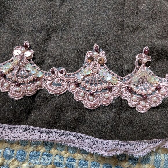Vtg Express Wool Blend Skirt Brown 0 Pink Lace Trim Beaded Hem Lined Fairycore - Picture 4 of 8